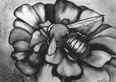 Watercolour painting of a bee on a flower.